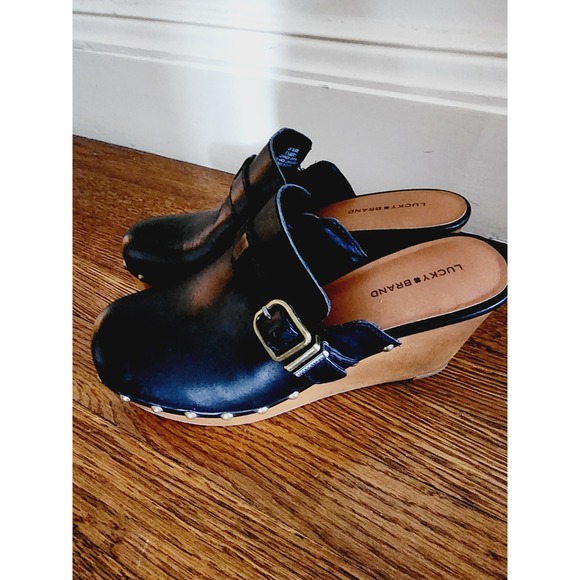 Lucky Brand Leather Wedge Clog Mules Black Studded Buckle Leather 9.5 - Picture 4 of 16